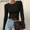 BITCED Women's Solid-Colour Split-Front Long-Sleeved O-Neck T-Shirt Spring/Autumn Top