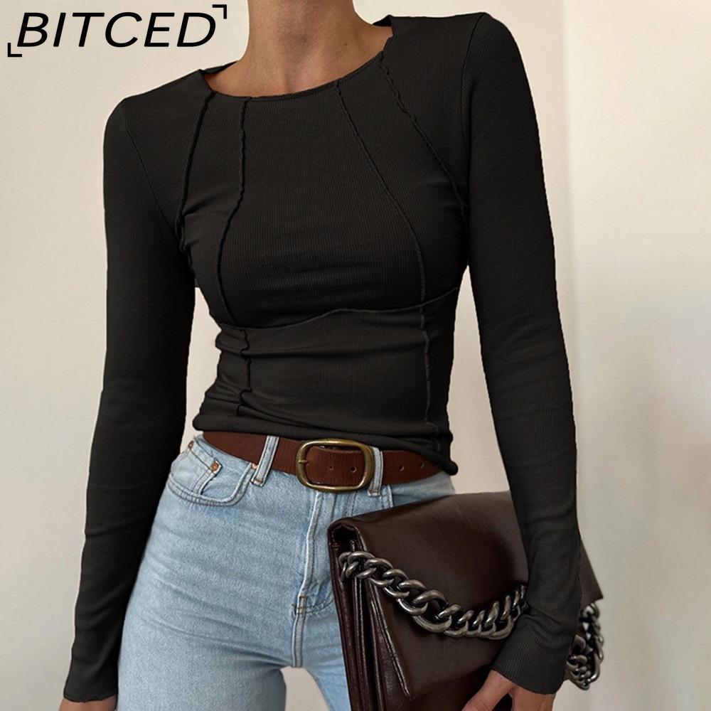 BITCED Women's Solid-Colour Split-Front Long-Sleeved O-Neck T-Shirt Spring/Autumn Top