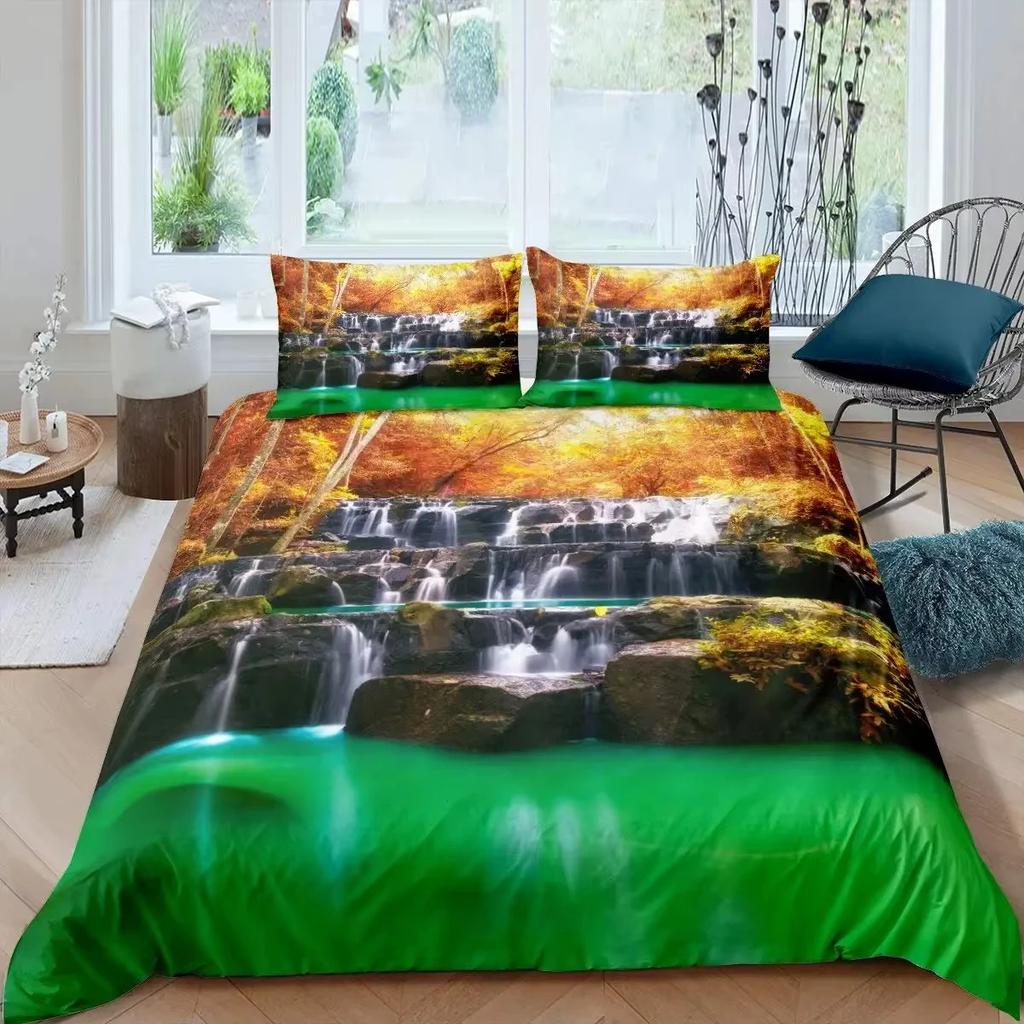 Lpluscape Painting Waterfal Soft Duvet Cover Quen Sized Dimensions Double Bed Natural Scenery Comfortable Quilt Cover Forest Waterfal Beding 3-Piece