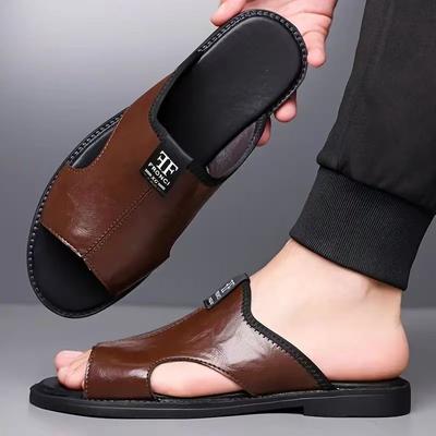 Pantoufles Simples Plates en Cuir Noir pour Homme Sandales Romaines d'Été Marron d'Extérieur Chaussures de Plage Larges d'Extérieur pour Père Surdimensionnées