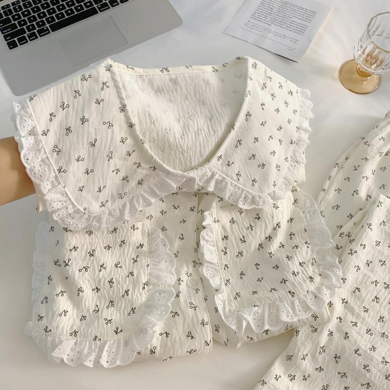 

Французская милая пижама с воротником-стойкой из облачного хлопка с длинным рукавом для женщин, весна-осень, простая пижама с маленькой вишенкой, реальное фото 2XL