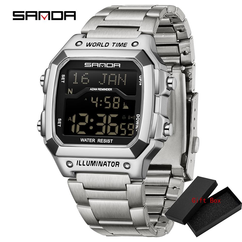 Fashion Sanda 2172 2173 Men's Digital Watch Waterproof MultiFunctional Full Stainelss Steel Golden LED Display Stylish & Durable