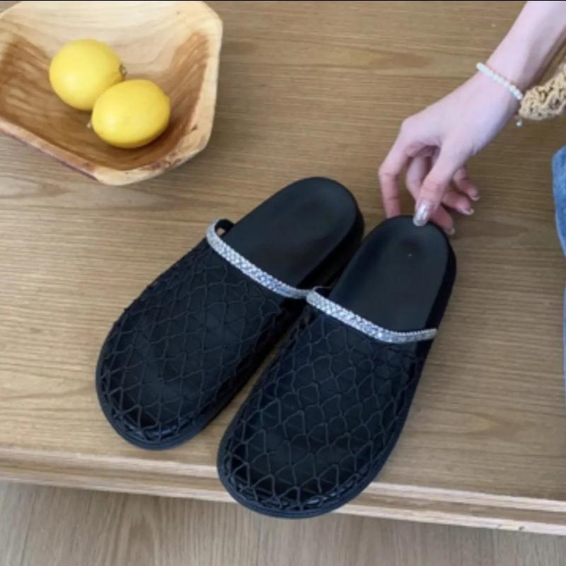 Fashion Baotou Slippers Summer New Net Cloth Round Head Hollow Pearl Flowers Butterfly Knot Soft Sole Non-slip Flat Shoes