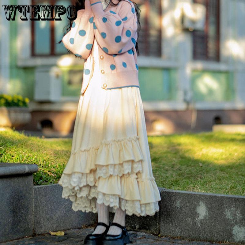 WTEMPO женская весенне-осенняя японская милая винтажная тонкая бежевая длинная юбка — фото 6