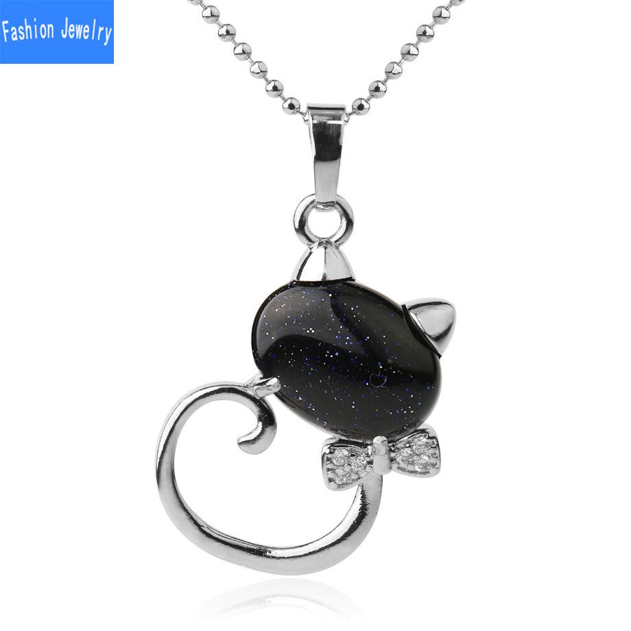 Natural Stone Cute Cat Pendant Multicolor Semi Gem Personalized Necklace