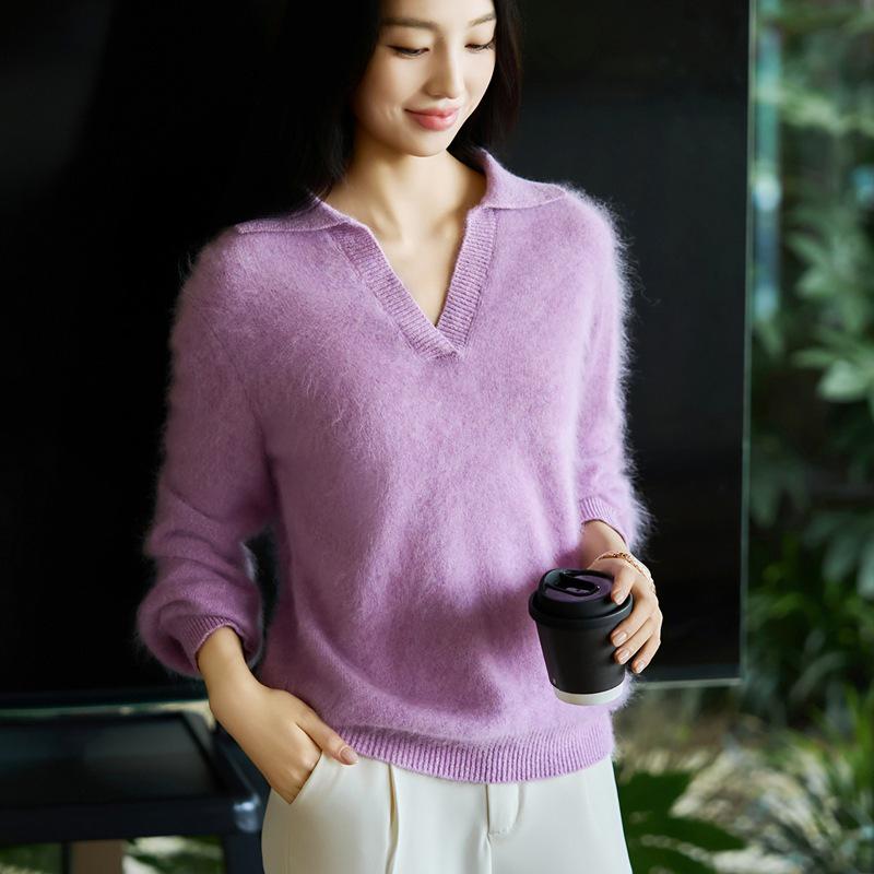 Pure Wool Lapel Knit Long Sleeve Women's Soft Brushed Base Layer for 2025 Autumn/Winter