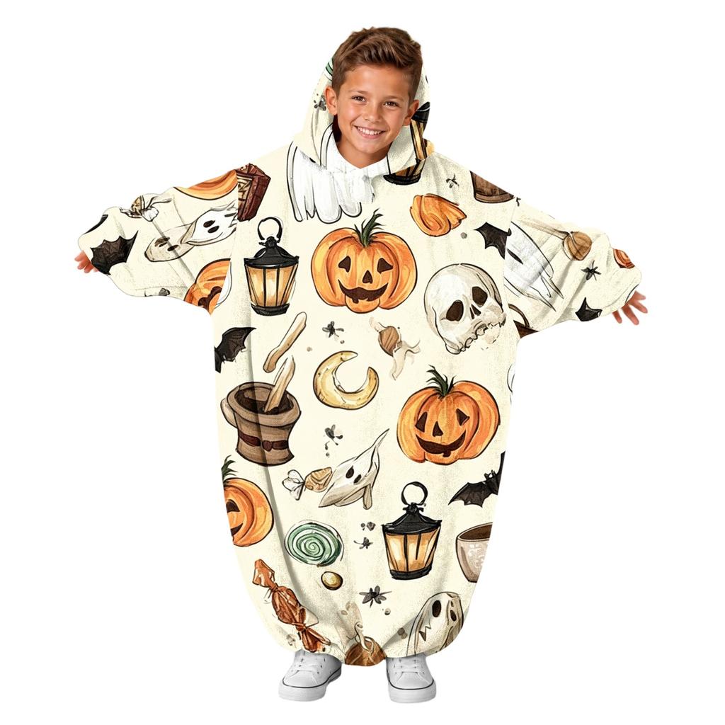 Kids Halloween Printed Flannel Romper Pajama Set for Fun Holiday Sleepwear