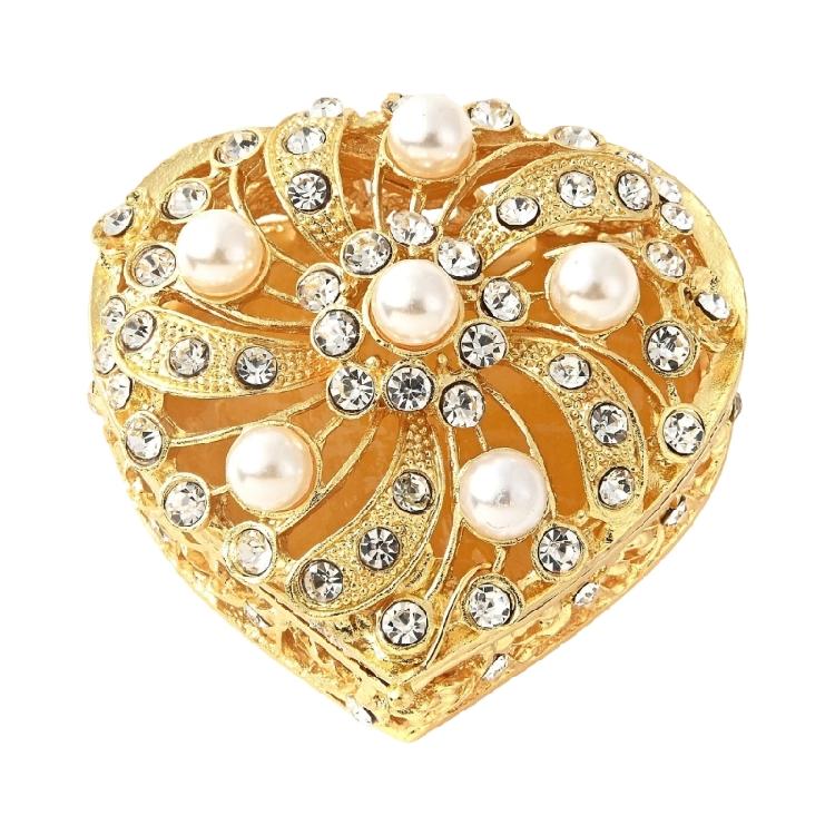 Heart Shape Rings Earring Storage Container With Gemstones And Pearls Decoration