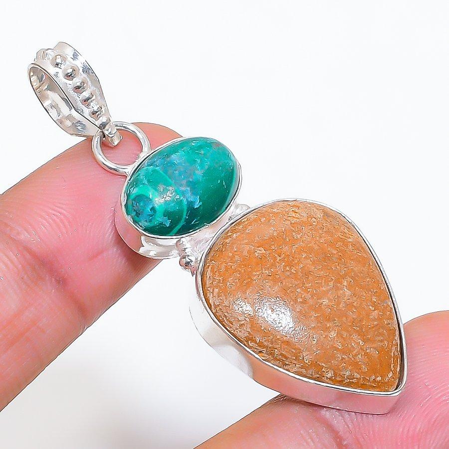 Natural Mariam Jasper, Malachite 925 Sterling Silver Jewelry Pendant 1.97" ZS-50