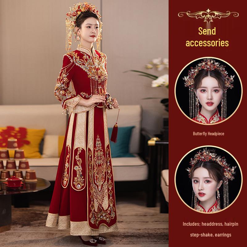 2026 Xiuhe Velvet Bride's Departure Dress - High-End Chinese Wedding & Toasting Attire for Couples