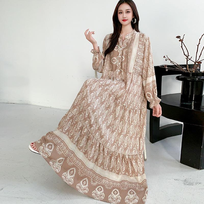 South East Asia People Cotton Floral Long Dress Bohemian Long Sleeve Loose Dress Fat Girl Plus Size Maternity Skirt