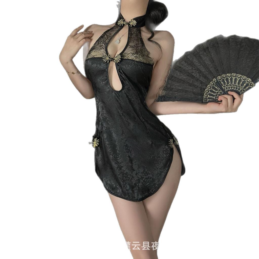 Night Cat Vintage Cheongsam Sex Underwear Sexy Breast Lace Hot Temptation Backless Split Uniform Free Set