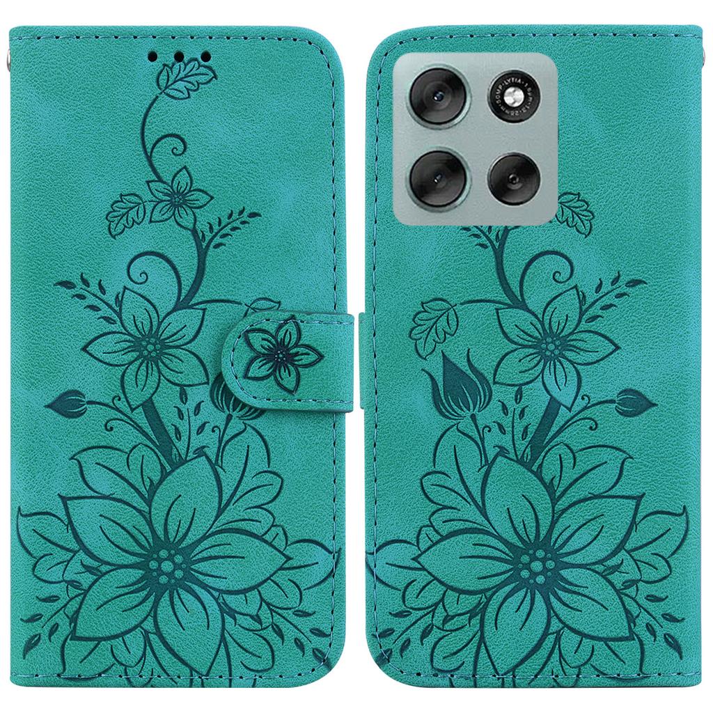 For Motorola Moto G56 5G Stand Case Lily Flower Imprint Leather Phone Cover with Wrist Strap