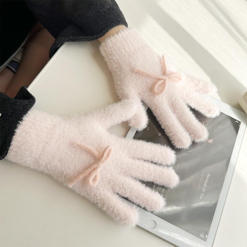 Korean Style Cute Bow Plush Knitted Gloves Autumn and Winter Warm and Cold Proof Five Finger Gloves Cycling Finger Gloves