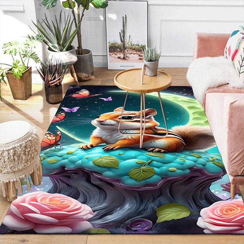 1pc Squirrel under the moon Print Design Area Rug - Soft, Anti-Slip, and Durable Gaming Room Decor for Bedroom