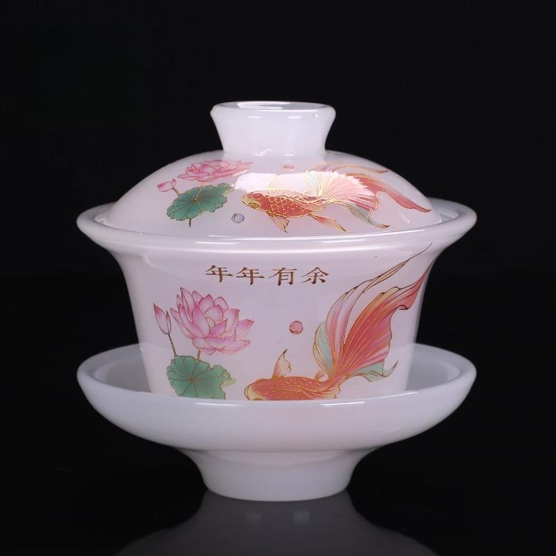 

Легкая роскошь глазурованная чаша-крышка три таланта белый нефрит домашний набор для кунг-фу чая офисная встреча подарок для гостя нефритовый фарфор 200ml