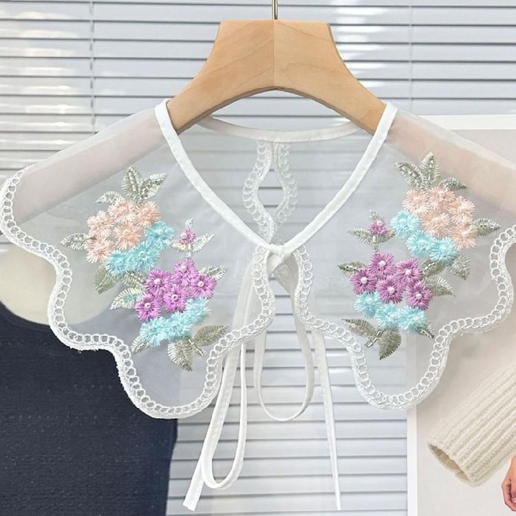 Embroidery Colorful Flower Detachable Collar Elegant Lace Shawl Faux Collar Capelet Scarf for Womens Clothing Accessory