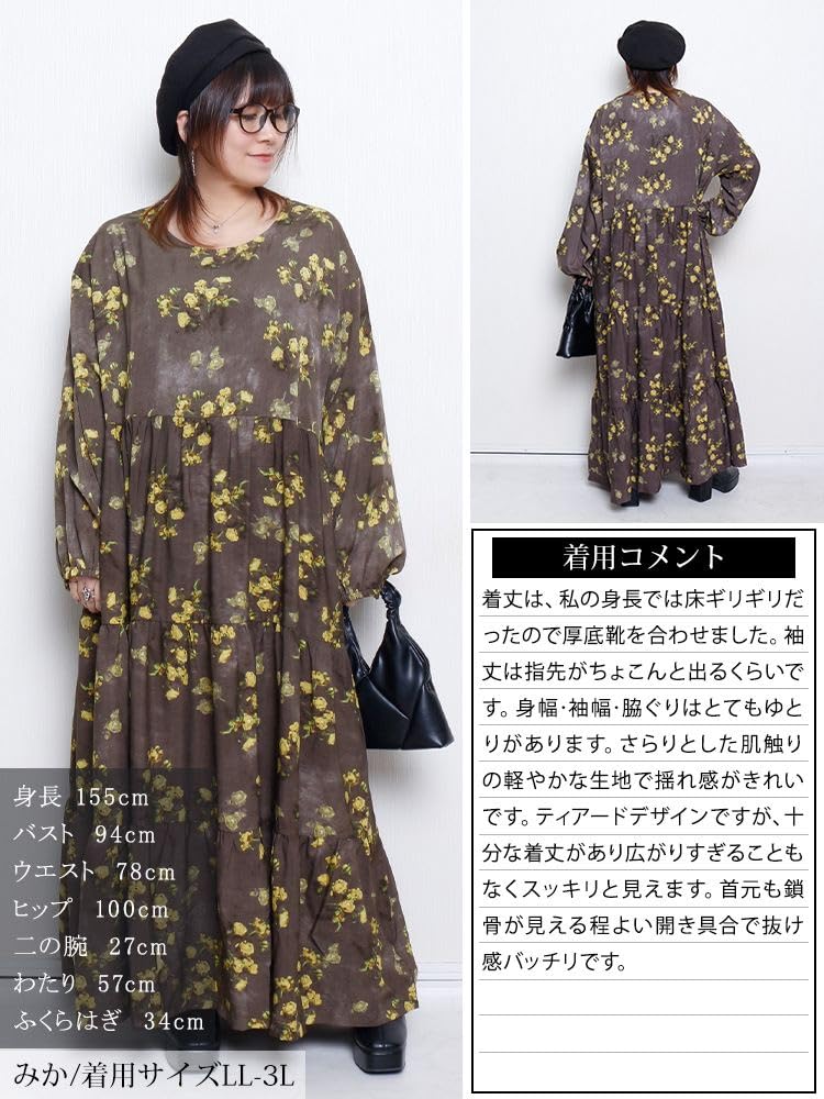 Gold Japan Plus Size Maxi Floral Round Sizes Women's Dress, Print, Tiered, Flared, Neck, Pockets, Fall/Winter/Spring, Maru-30208, Gray, 4L-5L