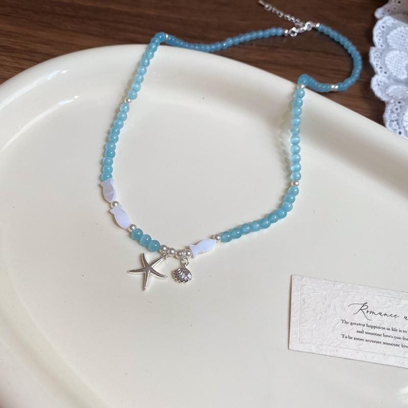 New niche design shell small fish starfish blue beaded necklace bracelet matching fresh holiday style