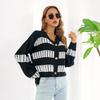 Women S V Neck Lantern Sleeve Contrast Color Short Cardigan Sweater Coat