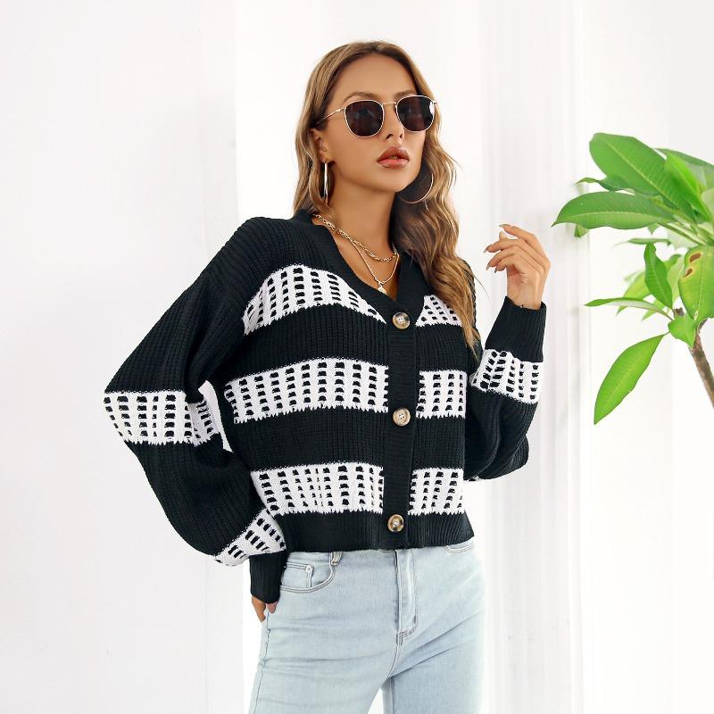 Women S V Neck Lantern Sleeve Contrast Color Short Cardigan Sweater Coat