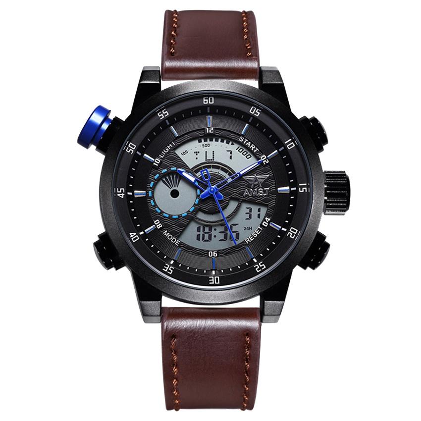 NEW AMST Luxury Brand Men's Quartz LED Watches Men Fashion Casual Sports Clock Genuine Leather Military Wrist Watch