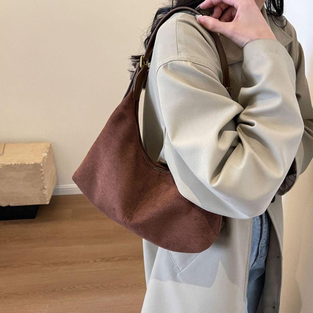Large Capacity Hobo Bag Solid Color Tote Bag Simple Suede Shoulder Bag Autumn and Winter