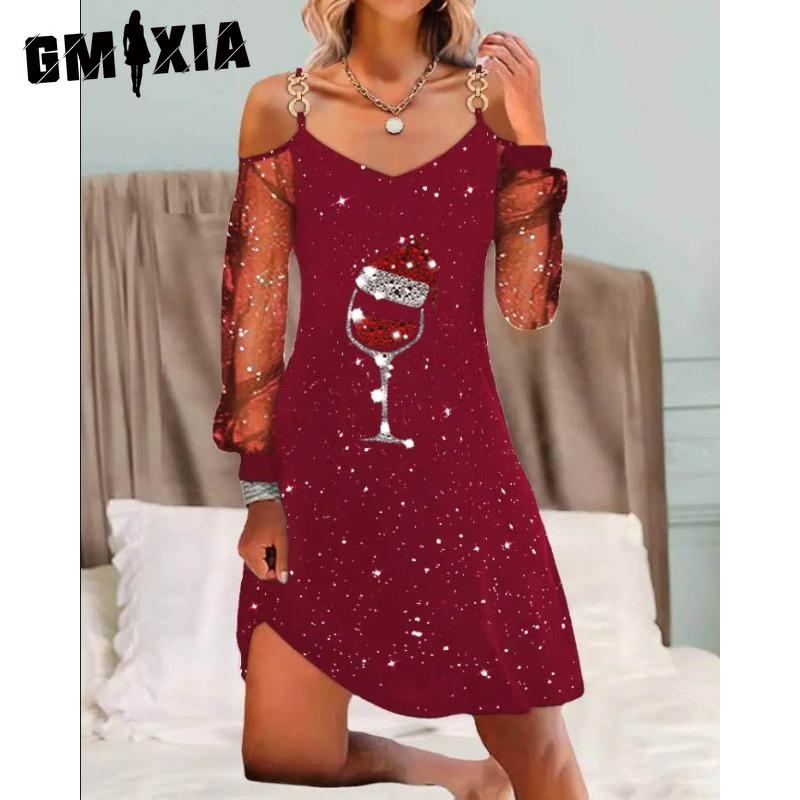 

GMXIA Женская мода весна-осень однотонный принт длинный рукав V-образный вырез высокая талия повседневные платья XXXL бордовый