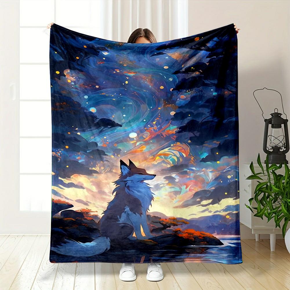 "Majestic Wolf Under Starry Sky" Patterned flannel blanket perfect for the bedroom living room, sofa, or a little nap