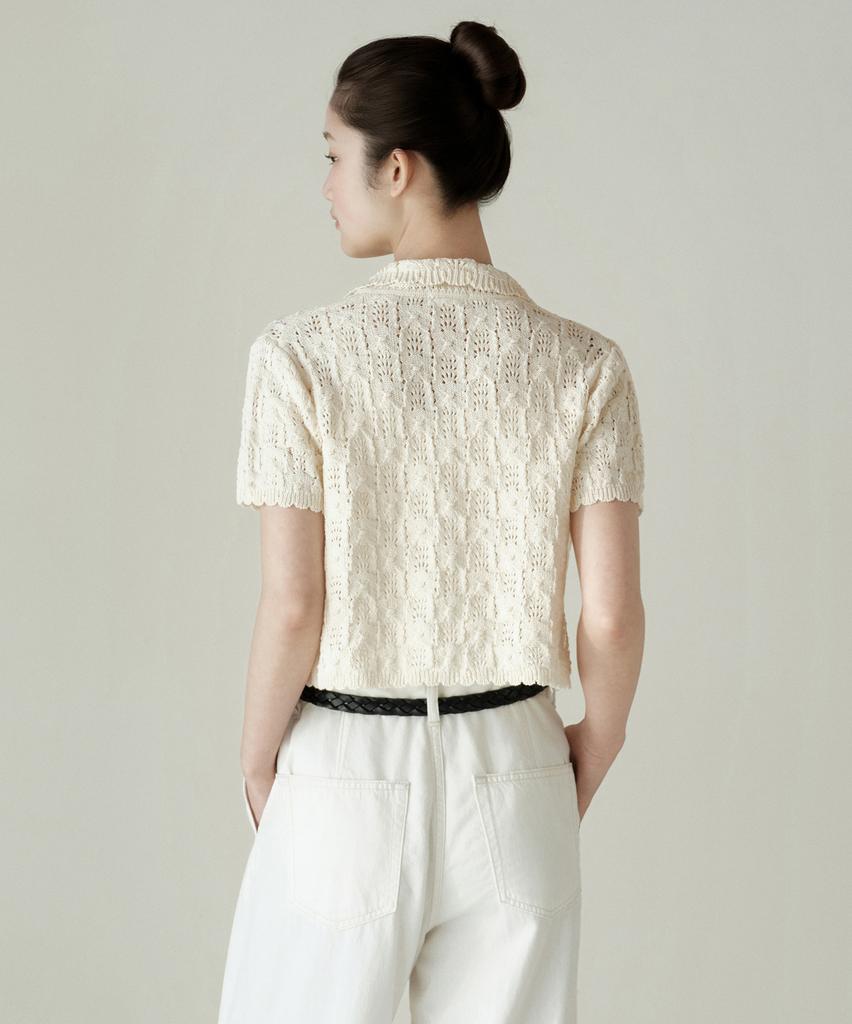 Musinsa Standard Woman Women'S Square Crochet Collared Short Sleeve Cardigan [Butter Cream]