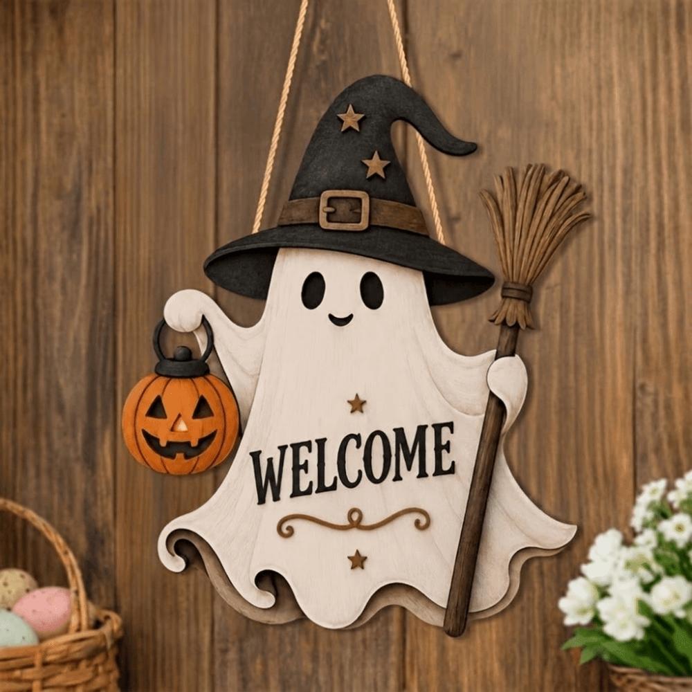 Cartoon Pattern Ghost Door Hanging Rustic Style Halloween Hanging Plaque Front Door