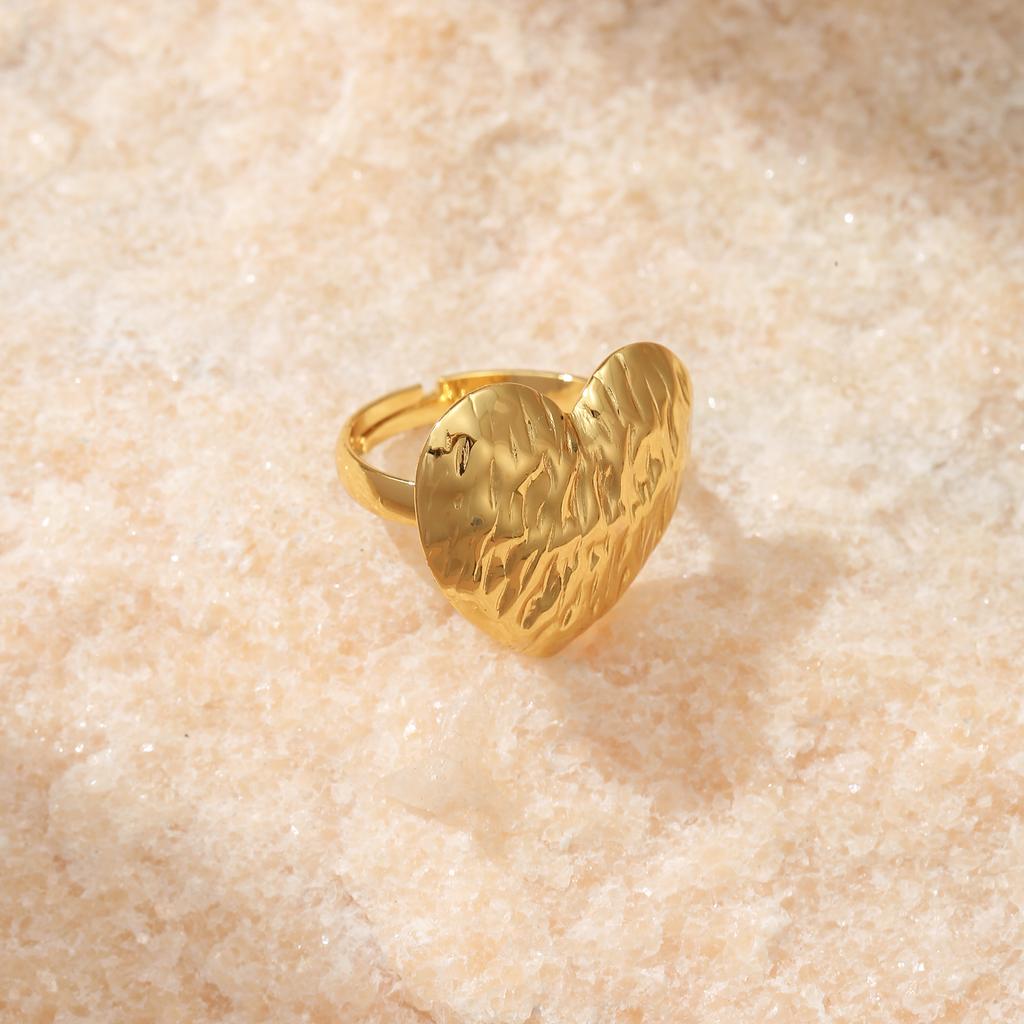 Golden Plated Hammered Heart Open Adjustable Ring for Women Elegant Statement Jewelry Gift