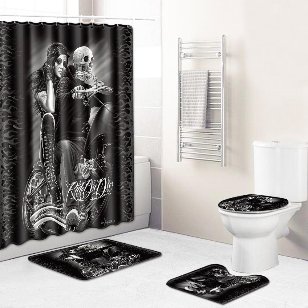 Thriller Skull Print Bathroom Non-Slip Floor Mat Shower Curtain Combination Carpet European And American Style
