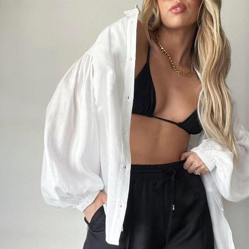 Fashion Style Lantern Sleeve Transparent Shirt French Casual Outdoor Sun Protection Clothing Lantern Sleeve Shirt