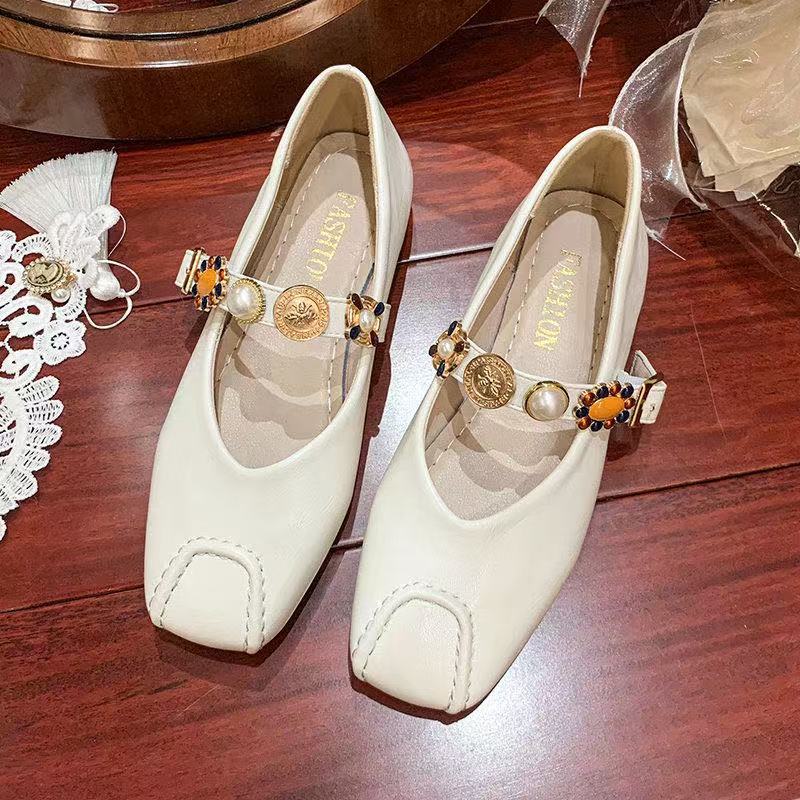 Single shoes women's summer new niche soft leather one-pedal square heel Mary Jane women's shoes