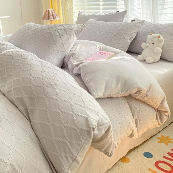 Washed Cotton Four-piece Set, Simple Bed Sheet Quilt Cover, Dormitory Pure Cotton Solid Color Three-piece Set