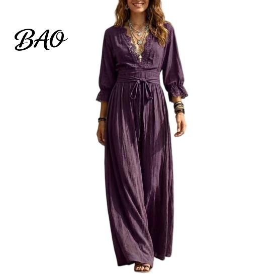 Daily Wear Lace Dress Women V-Neck for Fall, 3/4 Sleeves Maxi with Solid Color Belt, Loose Casual Long Vacation Three Quarter Sleeve