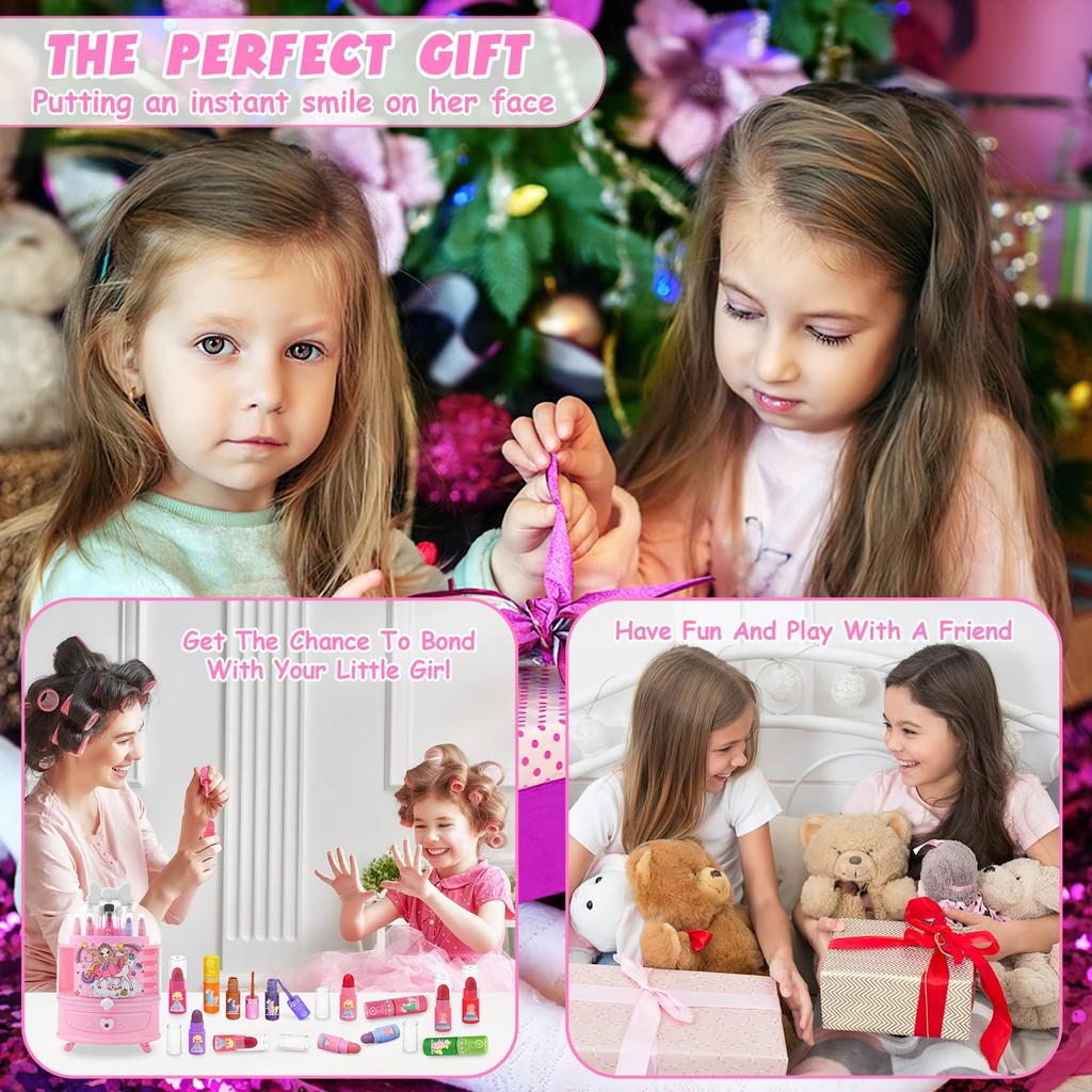 Bloranda 53-Piece Kids Washable Makeup Kit with Unicorn Vanity Case, Real Cosmetic Playset for Girls