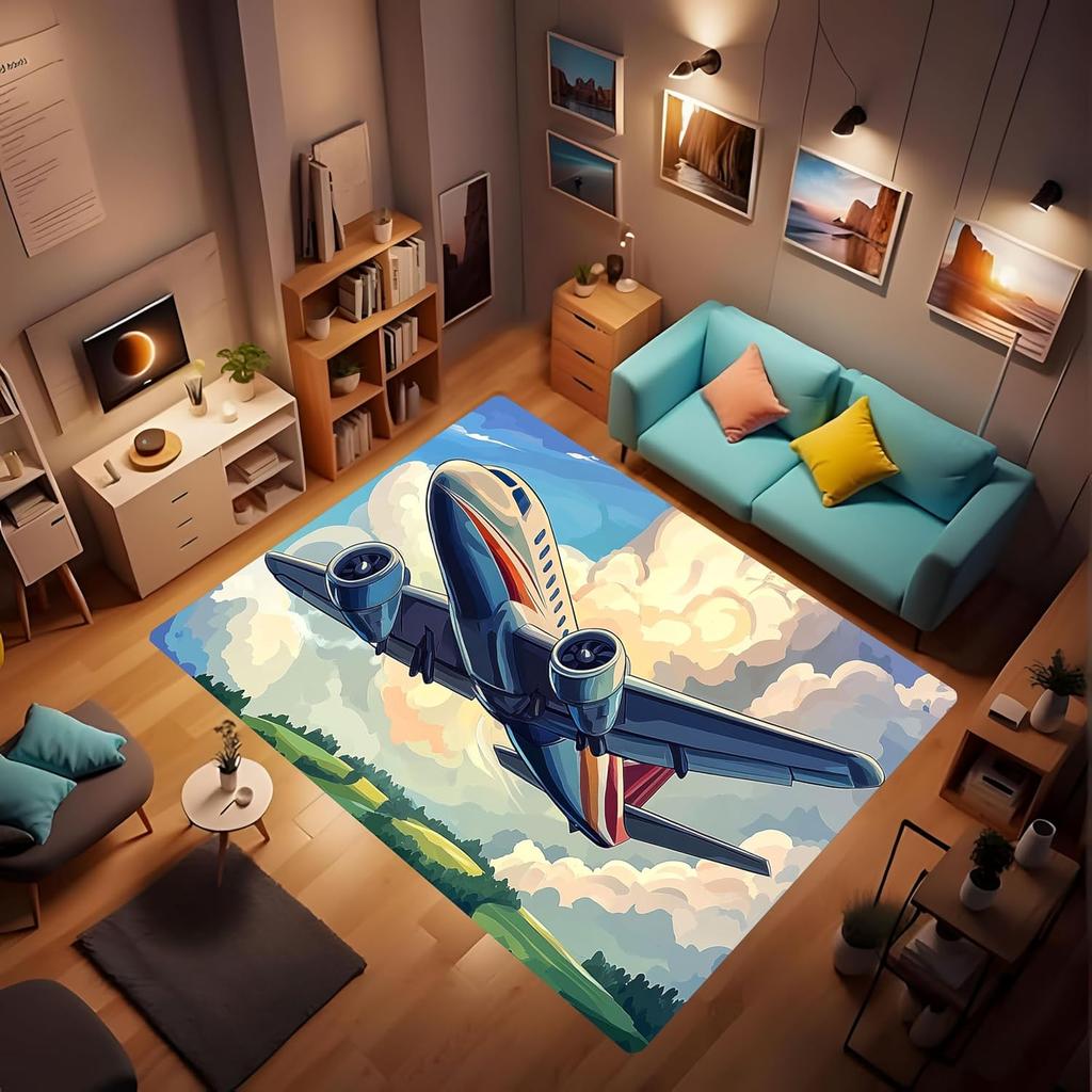 Soft Airplane Area Rug, Area Foldable Rectangular Rug, Cartoon Airplane Print Rug, Washable Rug with Rubber Non-Slip Rug