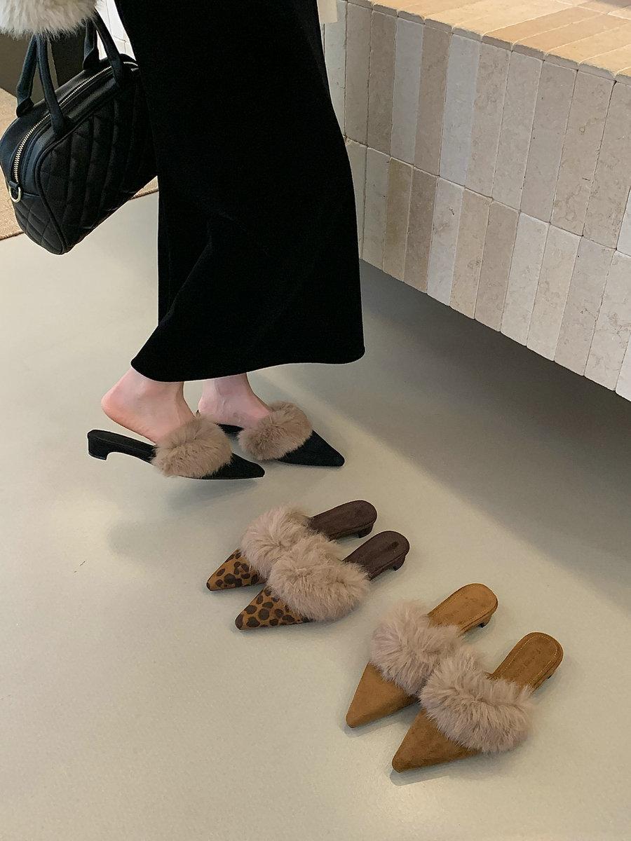 

Французские бархатные туфли-котята с острым носком и женская одежда, осенне-зимние пушистые туфли, темпераментный толстый каблук, сумка-голова, сандалии из кроличьего меха 39 цветной печати леопарда