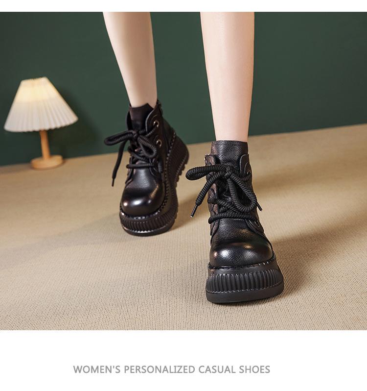Women's Genuine Leather Retro Platform Ankle Boots - Lightweight, Soft, High-Top (2025 Autumn/Winter Collection)