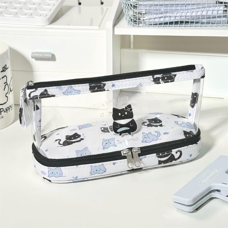 Cute Cartoon Transparent Pen Bag Cat/Capybara Double-layer Pencil Case Portable Multifunctional Student Stationery Storage Bag