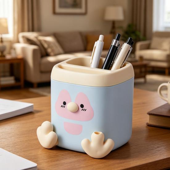 xiaobudian Pen Holder with Detachable Pencil Sharpener, Dual Compartments Organizer, Cartoon Penguin Design Office Desk Organizer