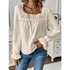 Blusa da Donna con Scollo Quadrato e Bordi in Pizzo, Texture Pieghettata, Maniche Lunghe a Svasatura, Top Casual Monocolore