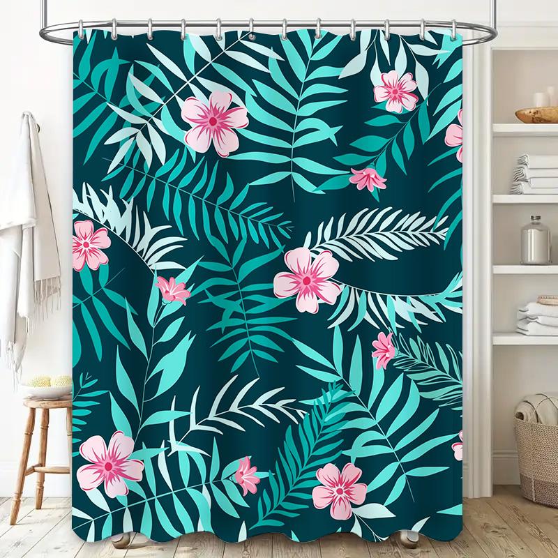 Beautiful Blue Floral Shower Curtain Waterproof Fabric for Bath Decor in Modern Bathroom Design with White Ceramic Tub Surroundi
