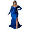 Plus Size Burgundy Off Shoulder Long Sleeve Ruched Split Mermaid Maxi Dress