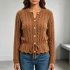 2026 Fall Womens Retro Twist Knit Top Round Neck Drawstring Waist Cardigan Sweater