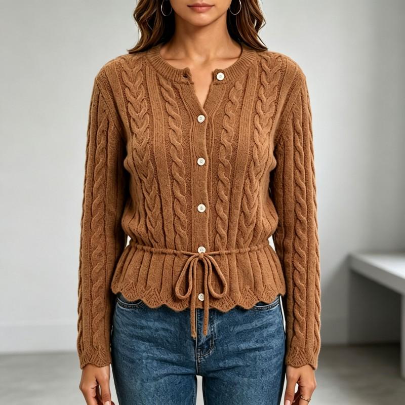 2026 Fall Womens Retro Twist Knit Top Round Neck Drawstring Waist Cardigan Sweater