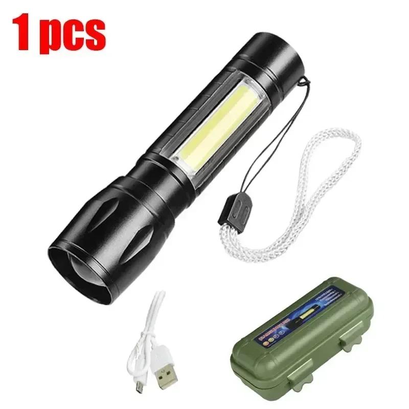 Mini LED Flashlight COB+XPE Portable Torch USB Charging Camping Lantern Zoomable Focus Light Tactical Flashlight with Pen Clip