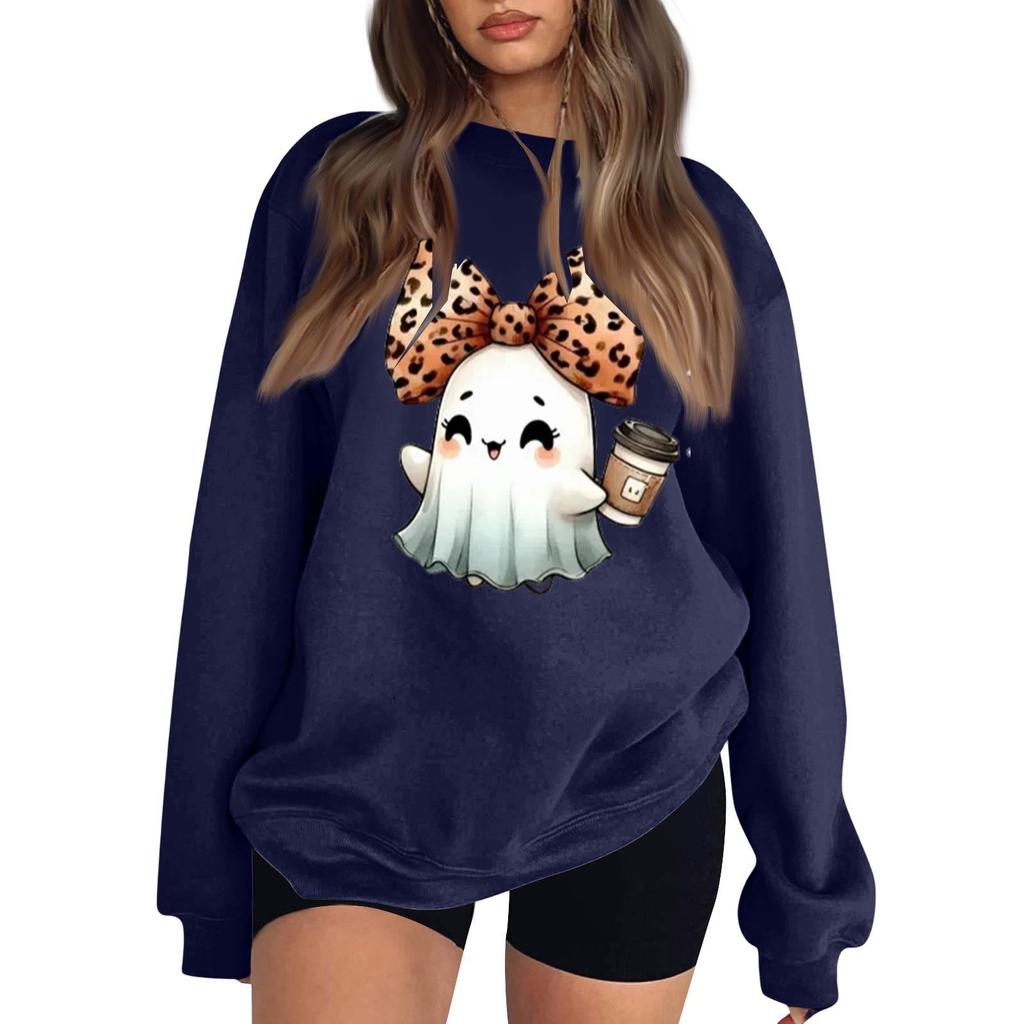 Women's Neck Long Sleeve Sweatshirt Casual Loose Fit Color Pullover with Halloween Print